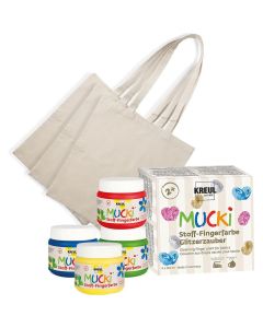 MUCKI Set de peinture au doigt textile comprenant 4 couleurs de peinture au doigt et 3 sacs en coton