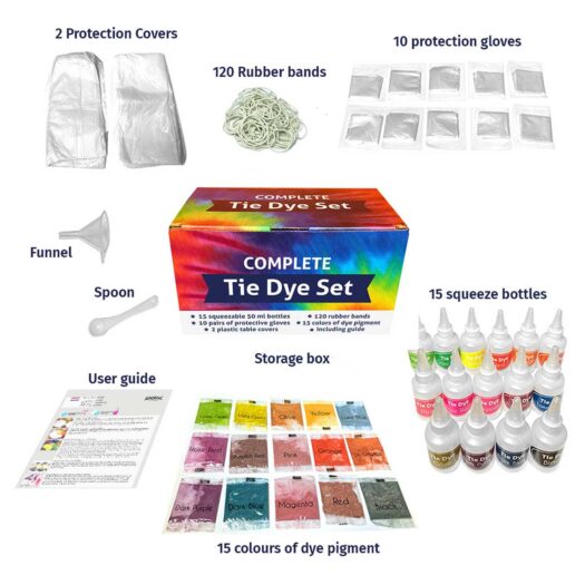 Tie Dye kit van 15 kleuren textielverf met elastiek en knijpflesjes