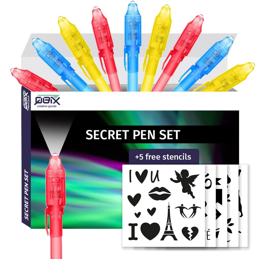 QBIX Stylo code secret avec lampe UV magique - ensemble de 9 stylos + 5  pochoirs - Suitup - Art Supplies
