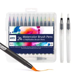 QBIX Set de stylos pinceaux - 24 couleurs dont 2 stylos vides et papier aquarelle